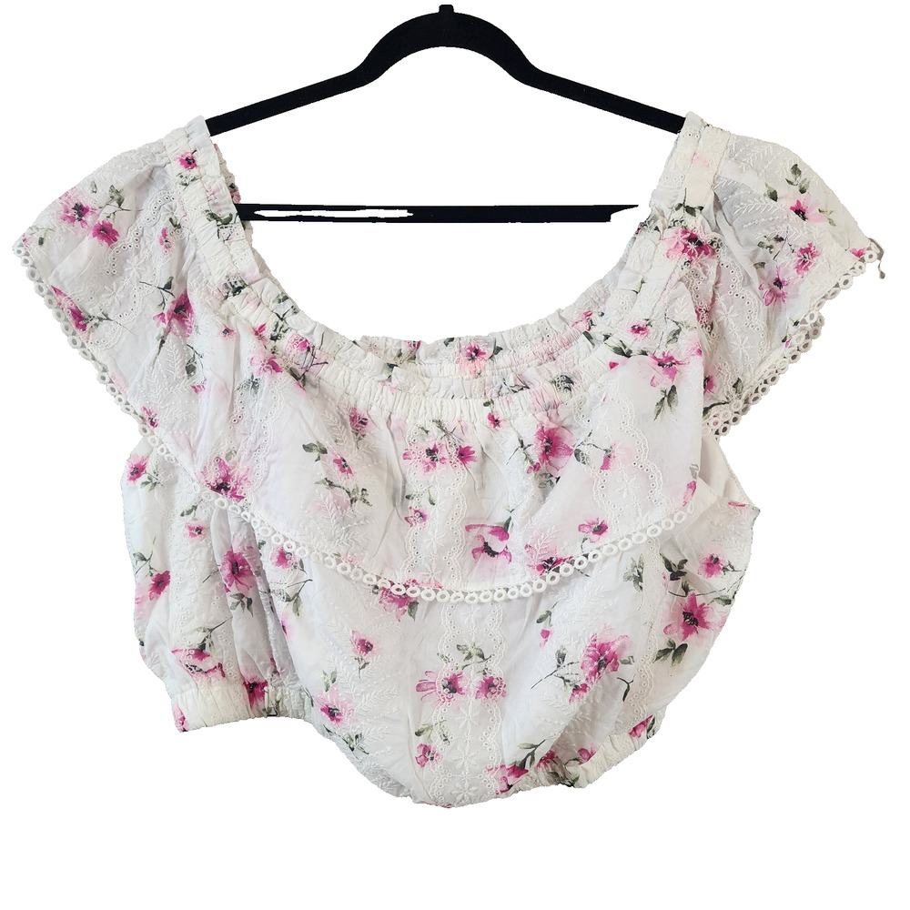 Forever 21 Plus Off the Shoulder Crop Top Size 3X White Floral Embroidered